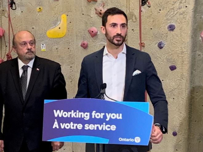 Ontario's education minister Stephen Lecce makes an announcement in Burlington, Ont., on May 1, 2023. 