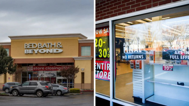 A Bed, Bath & Beyond store closing. Right: A Bed, Bath & Beyond liquidation sale.