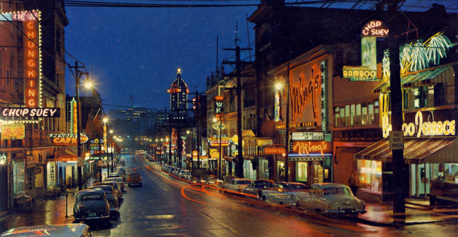 vancouver chinatown neon lights east pender street west of main 1960s f