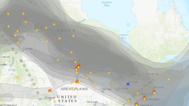 Western Canada's wildfire smoke is seen across Ontario today. (AirNow)