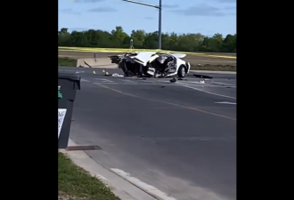 【视频】大多伦多深夜惨烈车祸 百公里时速对撞车架粉碎