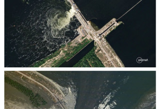 乌水坝被炸毁前后卫星照，70城镇恐被淹