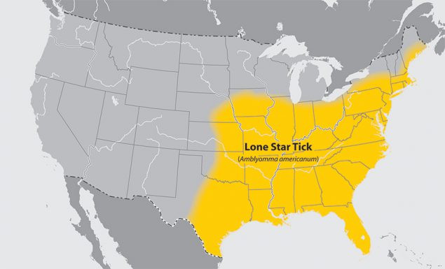 Map of the United States showing the approximate distribution of the Lone Star tick.The area affected is the eatern half of the country.