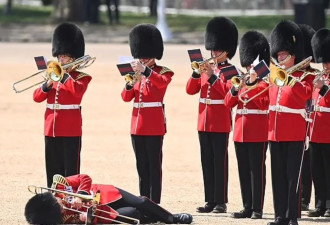 英国3名卫兵阅兵时中暑 保持着吹奏姿势