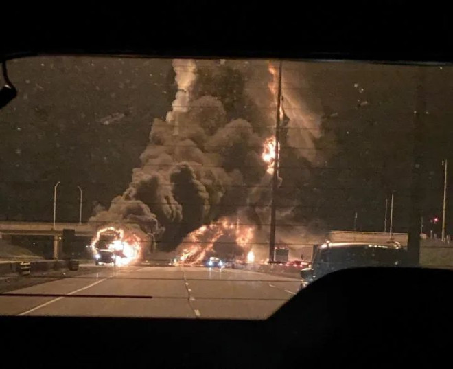 A passenger says he took this photo from the back of his mother’s vehicle on Highway 401 in Pickering after he and his family narrowly missed being caught in the fiery crash where a fuel tanker exploded.