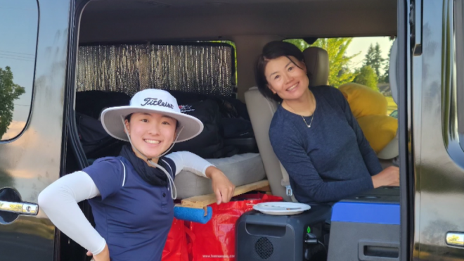 Rising golf star Yeji Kwon, 17, poses with her mother in the van the family drives, sleeps and eats in while attending golf tournaments across North America. 