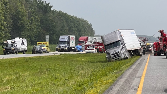 Three children and two adults were critically injured in a crash involving a heavy truck near Saint-Zotique, Que. on July 2, 2023. (CTV News/Cosmo Santamaria) 