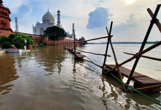 印度罕见暴雨后，洪水淹到泰姬陵的外墙