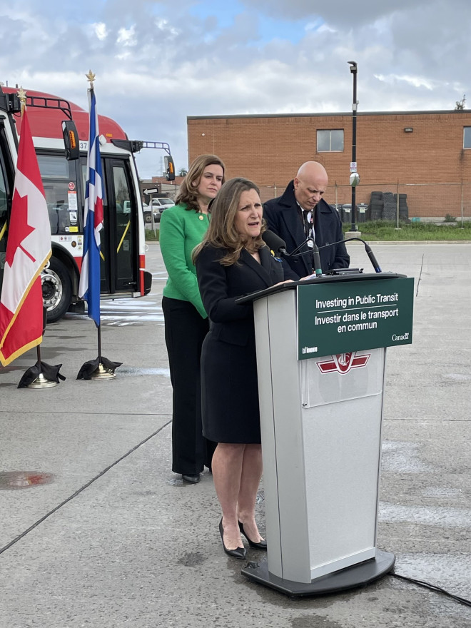 The Deputy Prime Minister announcing an investment in new electric busses for the TTC.