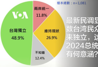最新民调显示近半数台湾民众盼望未来独立
