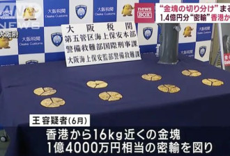 价值1.4亿日元！华男船运走私16kg黄金