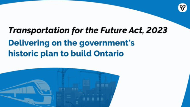 Icon of a train and construction site. Image Text: Transportation for the Future Act, 2023. Delivering on the government’s historic plan to build Ontario. 