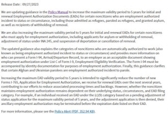 美国移民局：将部分类别工卡有效期延至5年