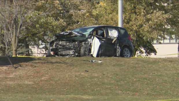 A woman is dead after a 3-car crash in Brampton, Ont. on Oct. 22, 2023.