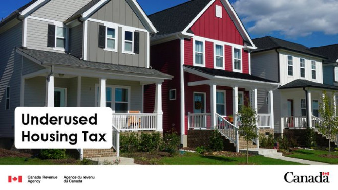 Grey, red, and white contemporary houses with young trees in the front yards sit side by side on a residential street. Text that reads: “Underused Housing Tax”. 