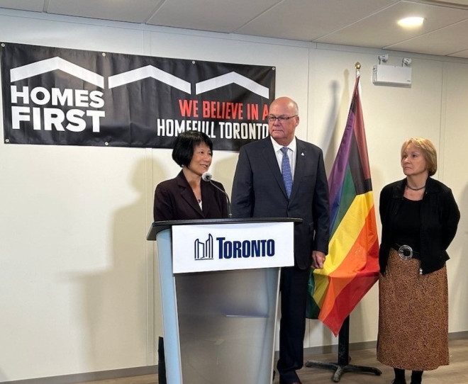 Mayor Olivia Chow speaks at the opening of 57 new permanent, rent-geared-to-income homes with wrap-around supports here at 39 Dundalk Dr.