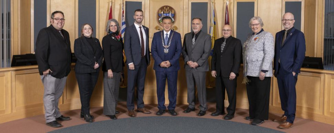 City of Prince George Council members in Council Chambers. From left to right: Tim Bennett, Cori Ramsay, Trudy Klassen, Kyle Sampson, Mayor Simon Yu, Brian Skakun, Ron Polillo, Susan Scott, and Garth Frizzell
