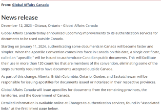 加拿大环球事务部官宣加入《海牙公约》