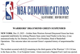 NBA官宣无限期禁赛追梦:多次违反体育道德
