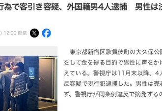 外籍4名男游客跑到日本卖淫，15天赚了100万！被捕后对警察说！