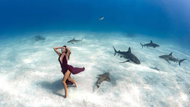 Kim Bruneau is photographed by Pia Oyarzun in a record-breaking deep sea photoshoot in Nassau, Bahamas.
