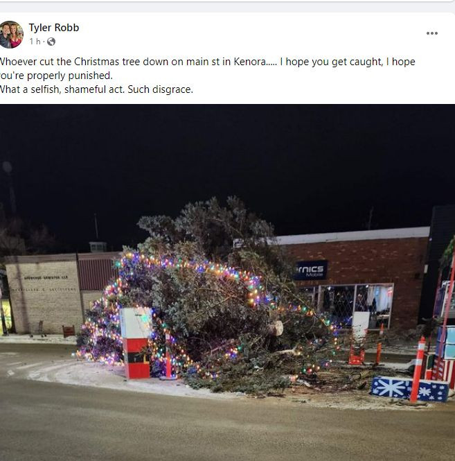 Community pages on social media were filled with outrage and calls for police to find and charge the Grinch-like perpetrator.“Whoever cut the Christmas tree down… I hope you’re properly punished,” wrote Tyler Robb.“I think this is a first but I’m not surprised based on what has happened to Kenora,” wrote Darlene Fontaine-Davidson