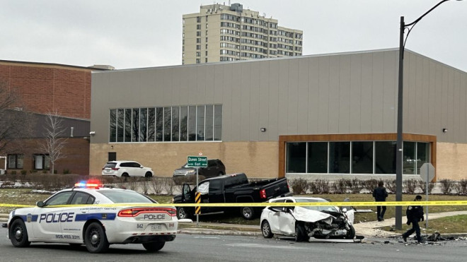 The scene of a crash at Dixie Road and Queen Street in Brampton on Jan. 3, 2024