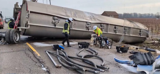 A fuel tanker truck rolled into a ditch on South Service Road near the QEW in Beamsville on Jan. 12, 2024.