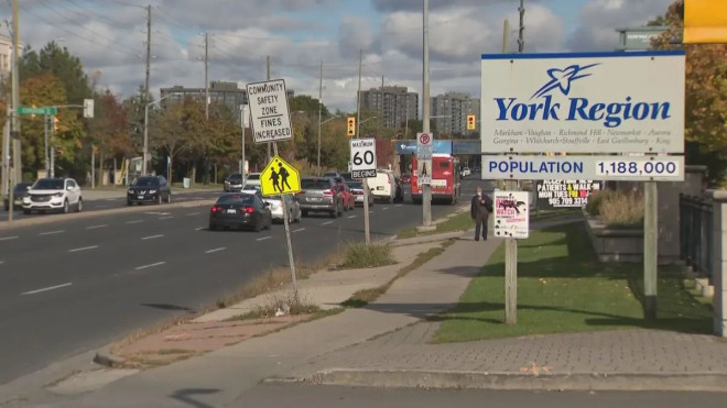 A sign on a road entering York Region.