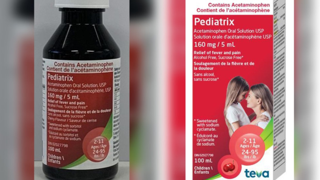 Pediatrix Acetaminophen Oral Solution for children. One lot of the children's pain and fever medicine has been recalled in Canada over high acetaminophen content. (Health Canada)