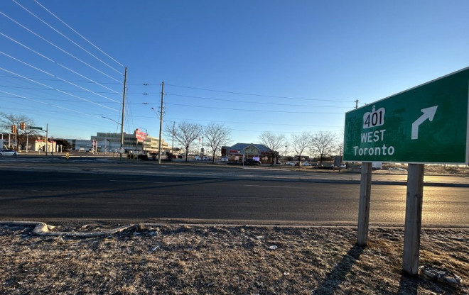 Thickson Road South in Whitby is seen next to a HIghway 401 ramp.