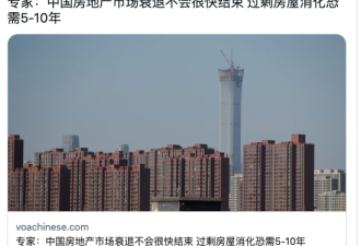中国房地产衰退 过剩消化需5-10年