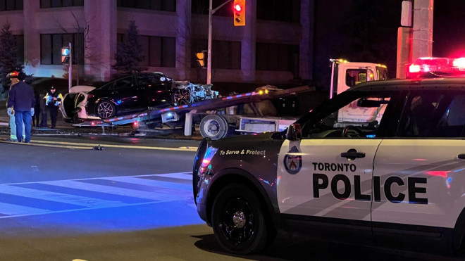 Toronto police are on the scene of a two-vehicle collision in Scarborough on Saturday, Feb. 10, 2024. (CP24/Simon Sheehan)