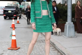可可-罗恰绿色 软呢外套+迷你短裙+厚底高跟鞋