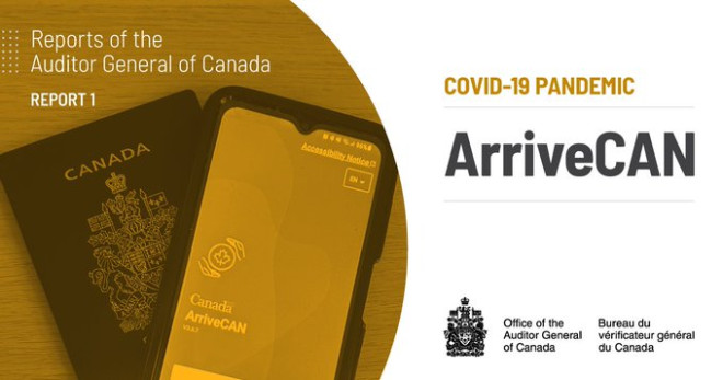 Image of a Canadian passport and a cellphone with the ArriveCAN app open with the text: Reports of the Auditor General of Canada. COVID-19 Pandemic. ArriveCAN