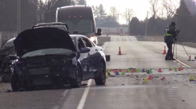 Emergency crews are on the scene of a fatal three-vehicle collision in Middlesex Centre, Ont. on Feb. 13, 2024. (Reta Ismail/CTV News London)