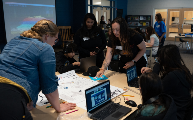 Teacher and students looking at map