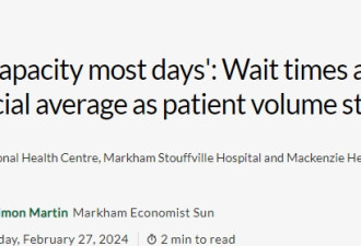 约克区急诊室等候：万锦医院最长1.6小时！ 最短不到45分钟