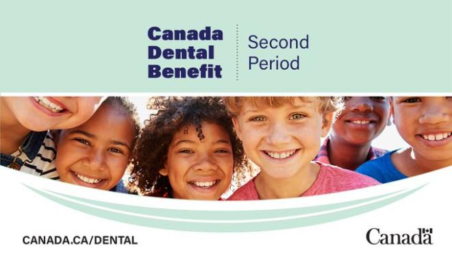 A diverse group of six children with big smiles on their faces. Image text reads: Canada Dental Benefit. Second Period.