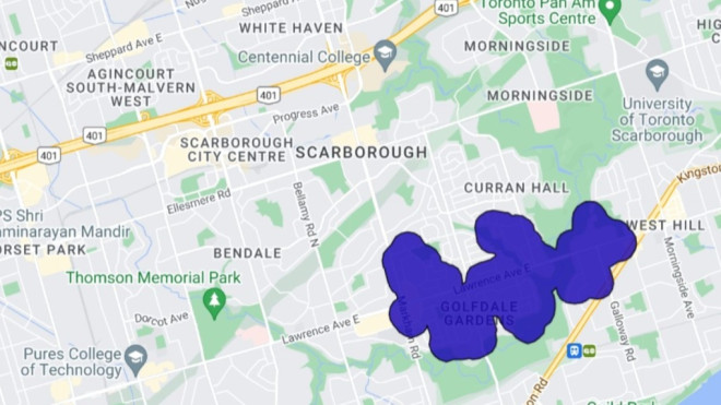 About 2,500 people are without power in Scarborough Saturday morning. (Toronto Hydro outage map)