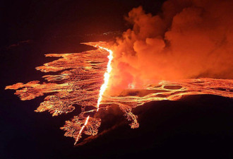 冰岛火山喷发 熔岩口长达2.9公里 浓烟窜天