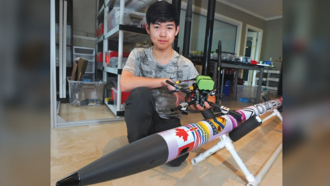Jason Zhao’s science project, a rocket that deploys a drone to help detect and monitor wildfires, will compete in the International Science and Engineering Fair in Los Angeles May 11-17. (Photo: Paul McGrath / North Shore News)