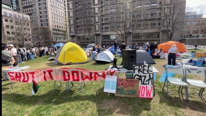 An encampment set up at McGill University on Saturday, April 27, 2024. (Stephane Giroux/CTV News)
