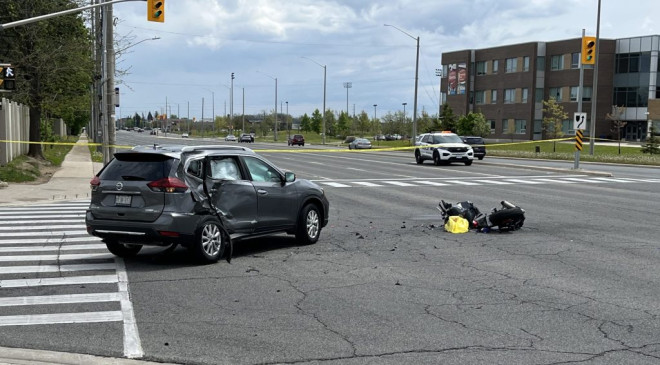 The scene after a male motorcyclist was left in life-threatening condition following a collision in Brampton on May 11, 2024. (Joe Lotocki/CITYNEWS)