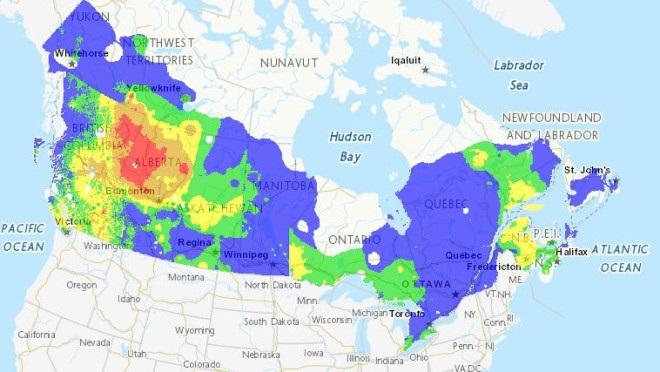 This map shows the wildfire danger in western Canada on May 14, 2024. Areas in blue are low risk, green is moderate, yellow is high, brown is very high and red is extreme. (Natural Resources Canada)