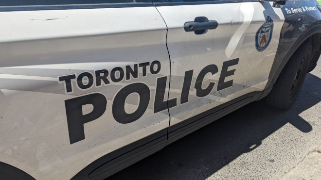 Side of Toronto police car at a scene on April 26, 2024.