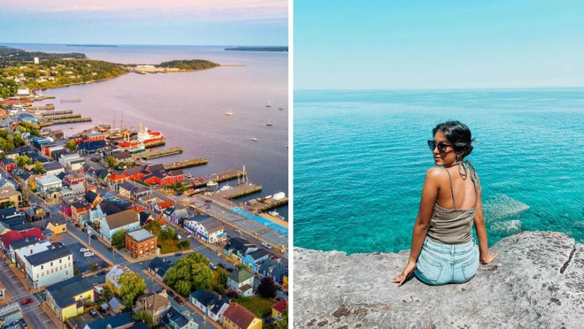 An aerial view of colourful buildings by the water at sunset. Right: A woman sits on a ledge by blue water. 