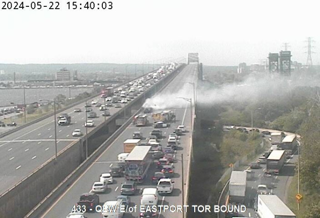 A collision on the Toronto-bound Burlington Skyway shut down all lanes of the highway Wednesday May 22, 2024. 