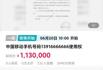 上海一尾号6666666手机号将被拍卖 估值160多万