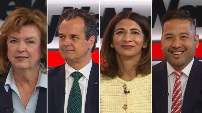 Four of the candidates running to be the next mayor of Mississauga (L to R): Carolyn Parrish, Stephen Dasko, Dipika Damerla, and Alvin Tedjo.